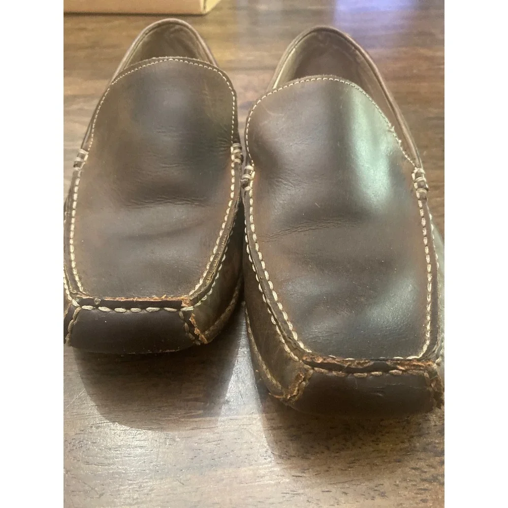 SM New York Mens Brown Leather Loafers Driver Shoes Square Toe Slip On Sz 10.5